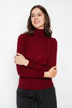 Femme Assuili Pull col roulé classique bordeaux