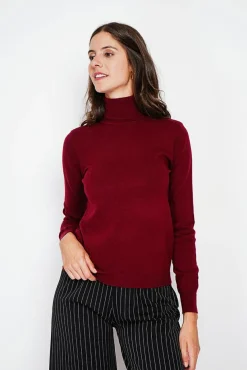 Femme Assuili Pull col roulé classique bordeaux