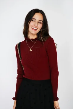 Femme C&Jo Pull en Cachemire & Soie mélangés col montant bordeaux