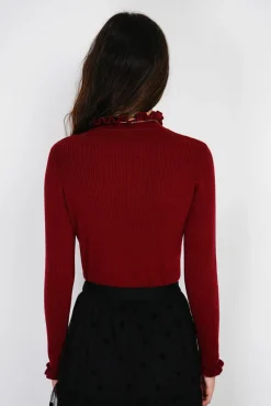 Femme C&Jo Pull en Cachemire & Soie mélangés col montant bordeaux