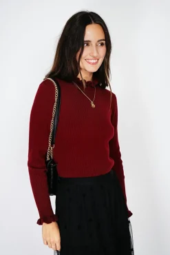 Femme C&Jo Pull en Cachemire & Soie mélangés col montant bordeaux