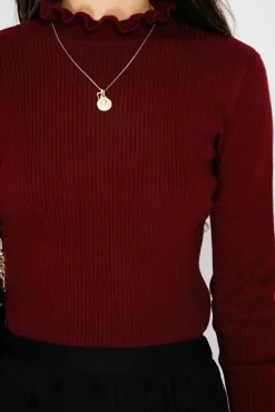 Femme C&Jo Pull en Cachemire & Soie mélangés col montant bordeaux