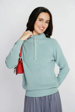 Sale Assuili Pull en Cachemire & Soie mélangés col montant boutonné jade