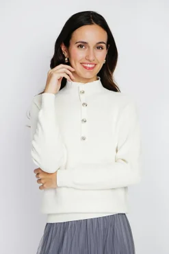 Outlet Assuili Pull en Cachemire & Soie mélangés col montant boutonné naturel