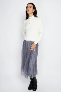 Outlet Assuili Pull en Cachemire & Soie mélangés col montant boutonné naturel