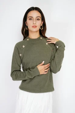 Femme C&Jo Pull en Cachemire mélangé boutons fantaisie kaki