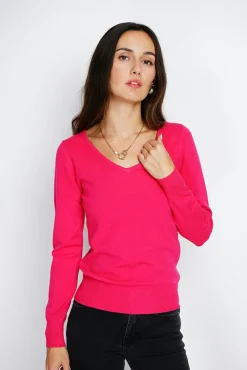 Femme Assuili Pull en Cachemire mélangé col V fushia
