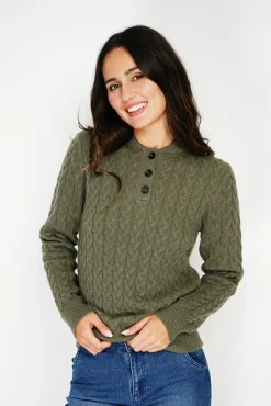 Femme C&Jo Pull en Cachemire mélangé col boutonné kaki