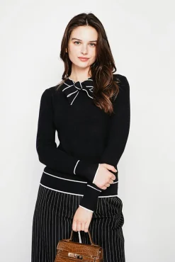 New C&Jo Pull en Cachemire mélangé col V à noeud noir