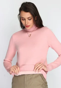 Femme C&Jo Pull en Cachemire mélangé col roulé fourré thermique rose