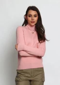 Femme C&Jo Pull en Cachemire mélangé col roulé fourré thermique rose