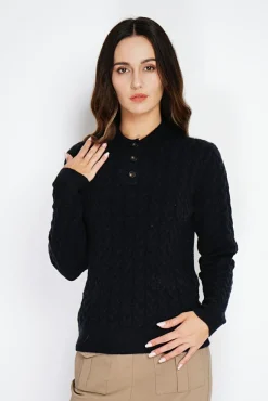 Femme C&Jo Pull en Cachemire mélangé col boutonné noir