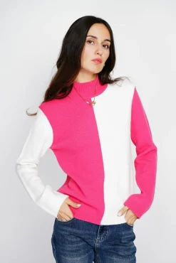 Hot Assuili Pull en Cachemire mélangé col montant naturel/fushia