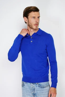 Outlet C&Jo Pull en Cachemire mélangé col polo à boutons royal