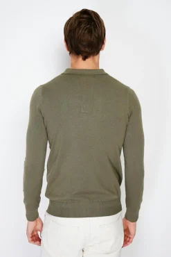 Homme C&Jo Pull en Cachemire mélangé col polo à boutons kaki