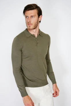 Homme C&Jo Pull en Cachemire mélangé col polo à boutons kaki