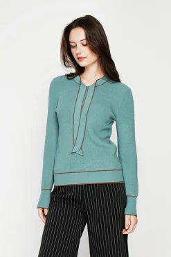 Femme C&Jo Pull en Cachemire mélangé col V à noeud turquoise