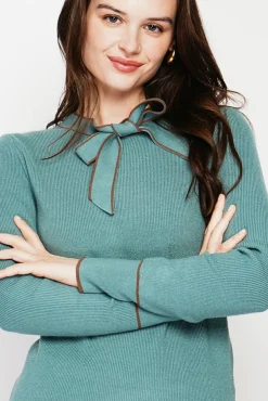 Femme C&Jo Pull en Cachemire mélangé col V à noeud turquoise