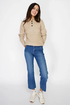 Femme C&Jo Pull en Cachemire mélangé col boutonné désert