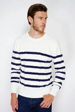 Homme C&Jo Pull en Cachemire mélangé ras du cou marinière naturel