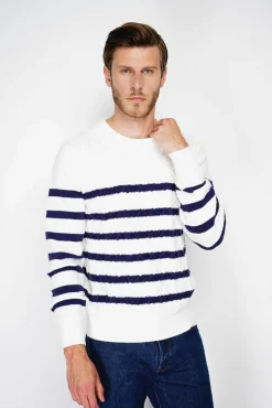 Homme C&Jo Pull en Cachemire mélangé ras du cou marinière naturel