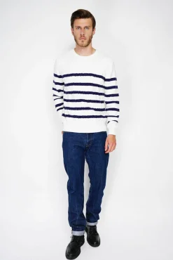 Homme C&Jo Pull en Cachemire mélangé ras du cou marinière naturel