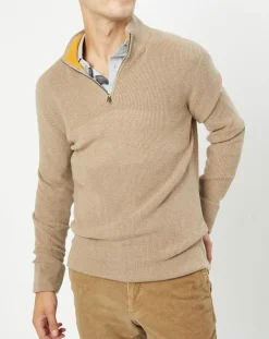 Homme Hackett London Pull en Coton & Cachemire 1/2 zip Cah Rib beige