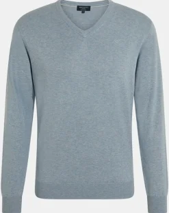 Homme Hackett London Pull en Coton & Soie col V bleu moyen chiné