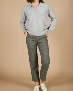 Femme Cashmere Tribu Pull en Laine & Cachemire Paloma col polo gris chiné clair