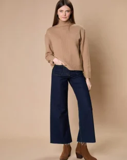 Clearance Oscar et Louise Pull en Laine & Cachemire Ambre col montant 4 côtes camel