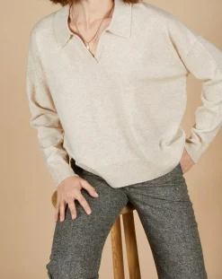 Femme Cashmere Tribu Pull en Laine & Cachemire Paloma col polo beige chiné
