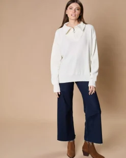 New Oscar et Louise Pull en Laine & Cachemire mélangés Maia 1/2 zip écru