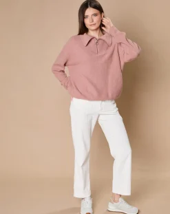 Femme Oscar et Louise Pull en Laine & Cachemire mélangés Maia 1/2 zip vieux rose