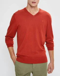Homme Hackett London Pull en Laine mélangée col V coudières orange/rouge
