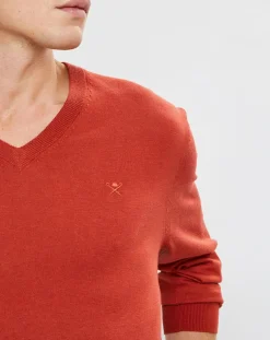 Homme Hackett London Pull en Laine mélangée col V coudières orange/rouge