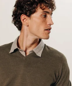 Homme Rodier Pull Ernest 100% laine col V marron écorce