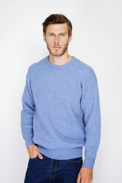 Homme C&Jo Pull large en Cachemire mélangé ras du cou à côtes bleu jeans