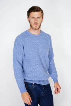 Homme C&Jo Pull large en Cachemire mélangé ras du cou à côtes bleu jeans