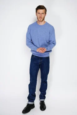 Homme C&Jo Pull large en Cachemire mélangé ras du cou à côtes bleu jeans