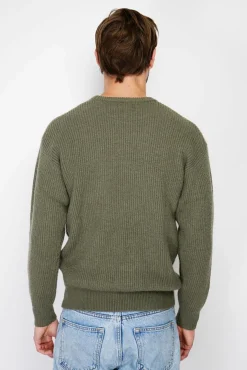 Homme C&Jo Pull large en Cachemire mélangé ras du cou à côtes kaki