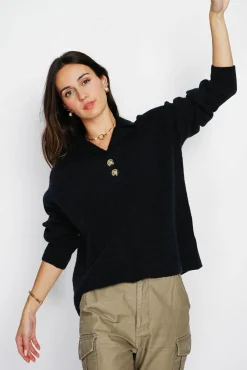 Femme Assuili Pull large en Cachemire mélangé col polo noir