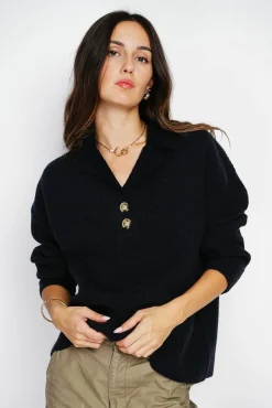 Femme Assuili Pull large en Cachemire mélangé col polo noir