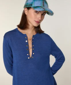 Discount Rodier Pull Laury-Anne 100% Laine chaine col V bleu saphir