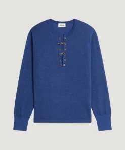 Discount Rodier Pull Laury-Anne 100% Laine chaine col V bleu saphir