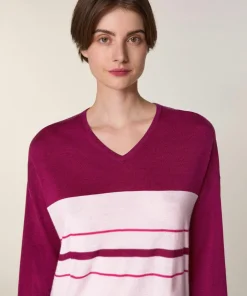Femme Rodier Pull Mafalda 100% Laine col V rayures violet cassis