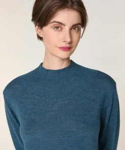 Clearance Rodier Pull Marie-Angèle 100% laine col montant Cotelé bleu denim