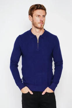 Homme C&Jo Pull polo demi zippé bleu nuit