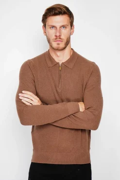 Homme C&Jo Pull polo demi zippé marron