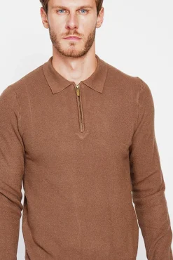 Homme C&Jo Pull polo demi zippé marron
