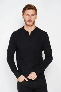 Homme C&Jo Pull polo demi zippé noir